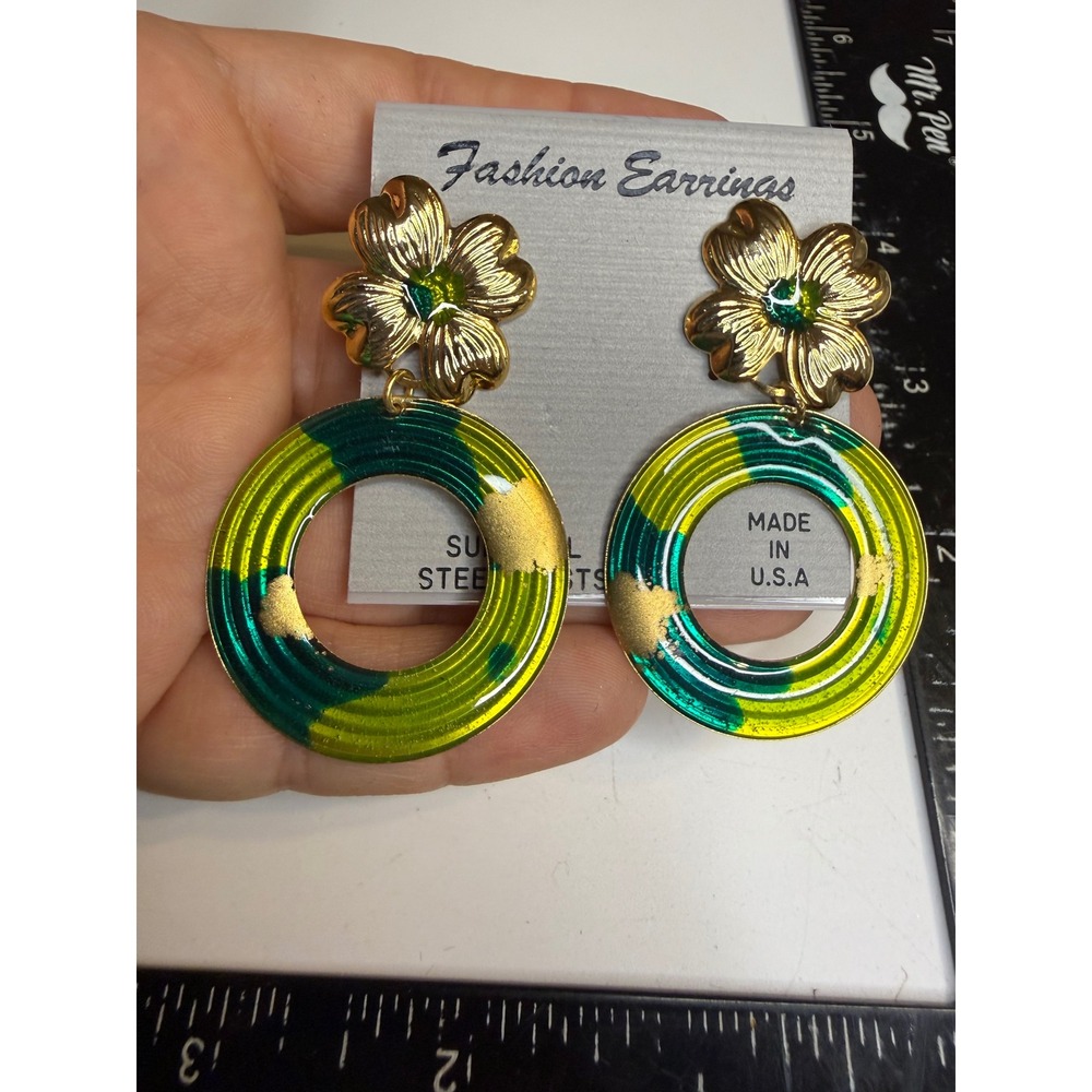 Fashion Earrings Green Yellow Enameled Flower Hoop Drop Surgical Steel USA Made